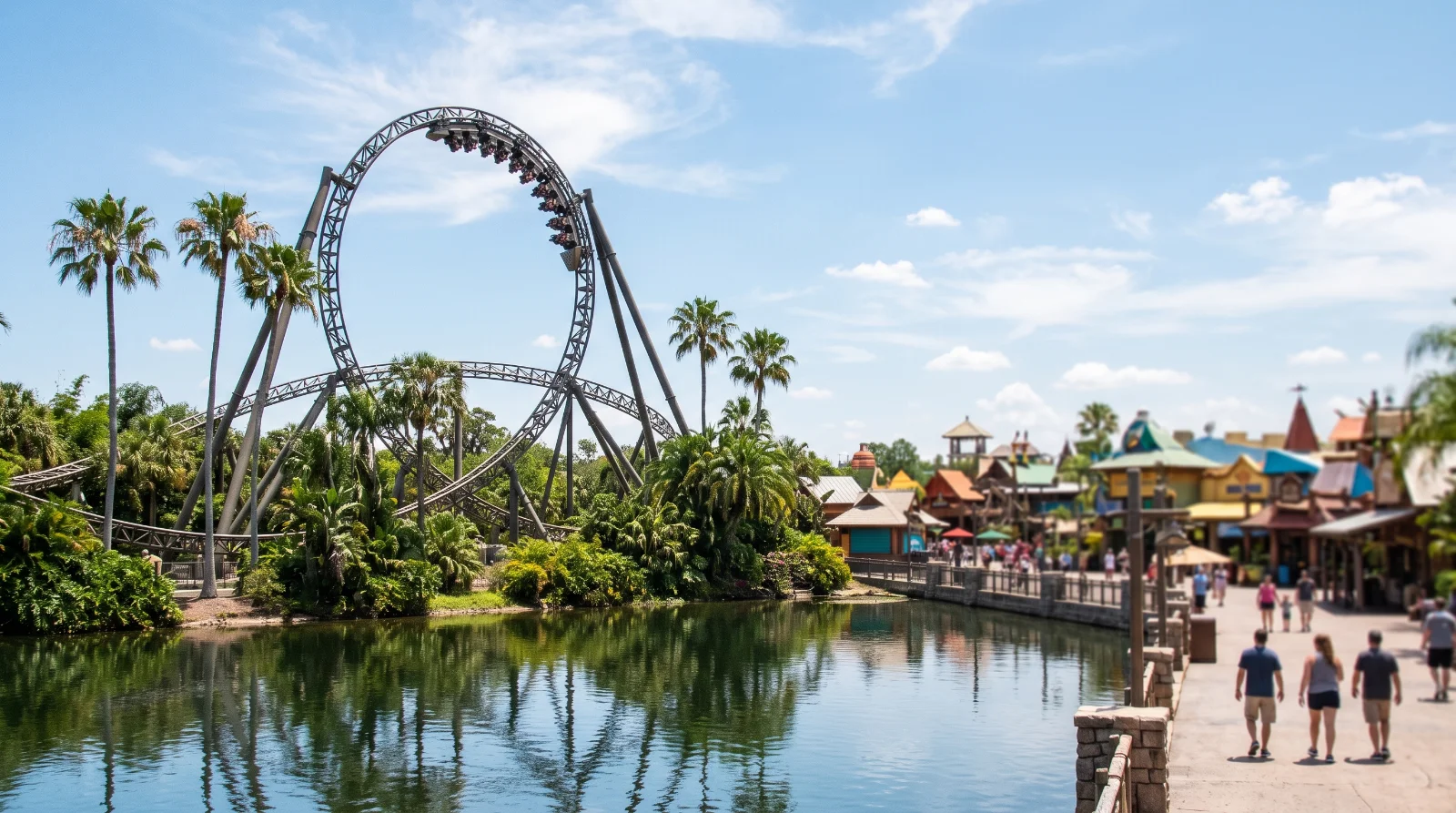 Montanha-russa com loop refletida no lago de um parque temático em Orlando, com palmeiras e visitantes caminhando pela alameda