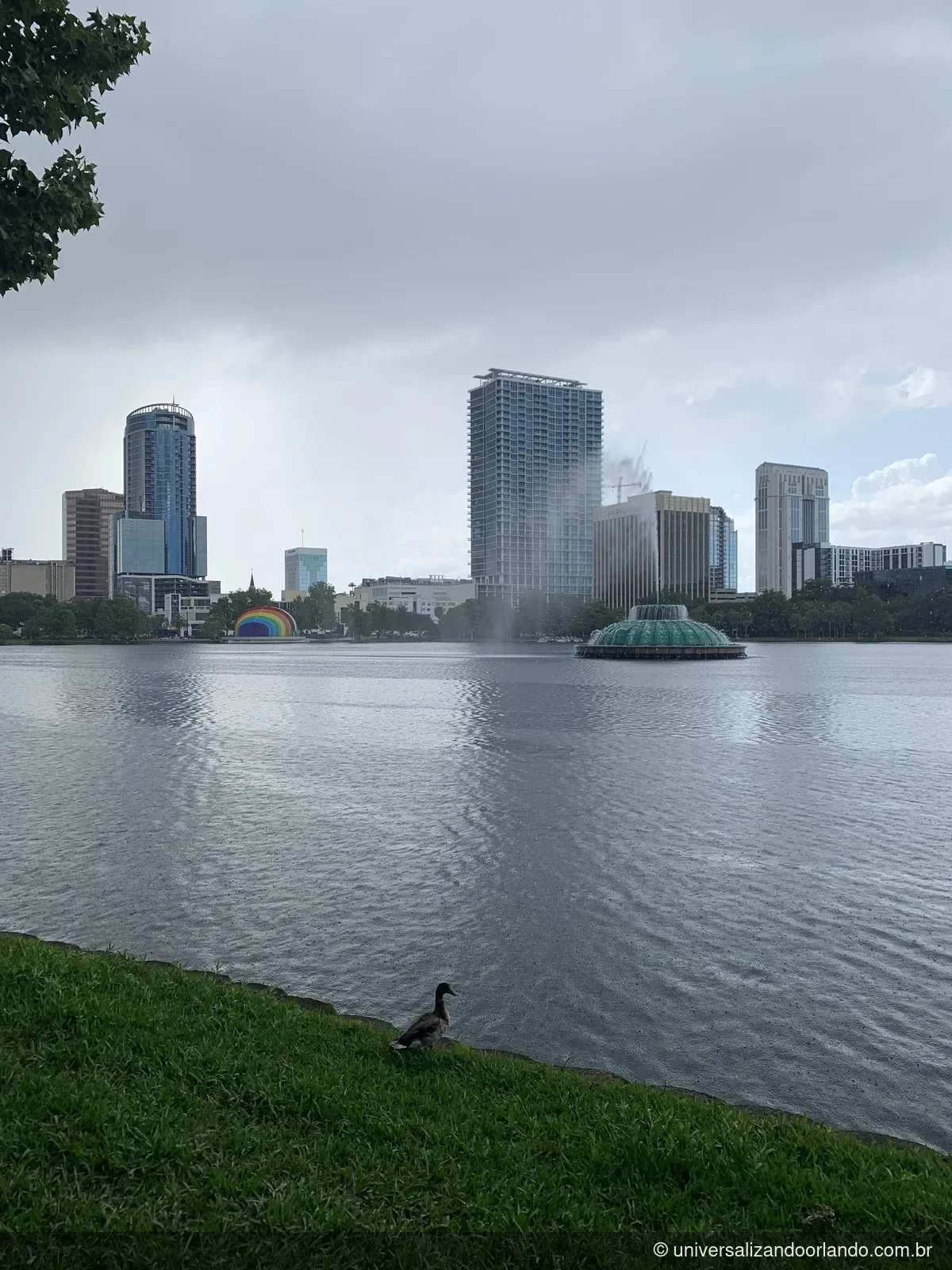 Lago com os prédios do centro de Orlando ao fundo, no Lake Eola