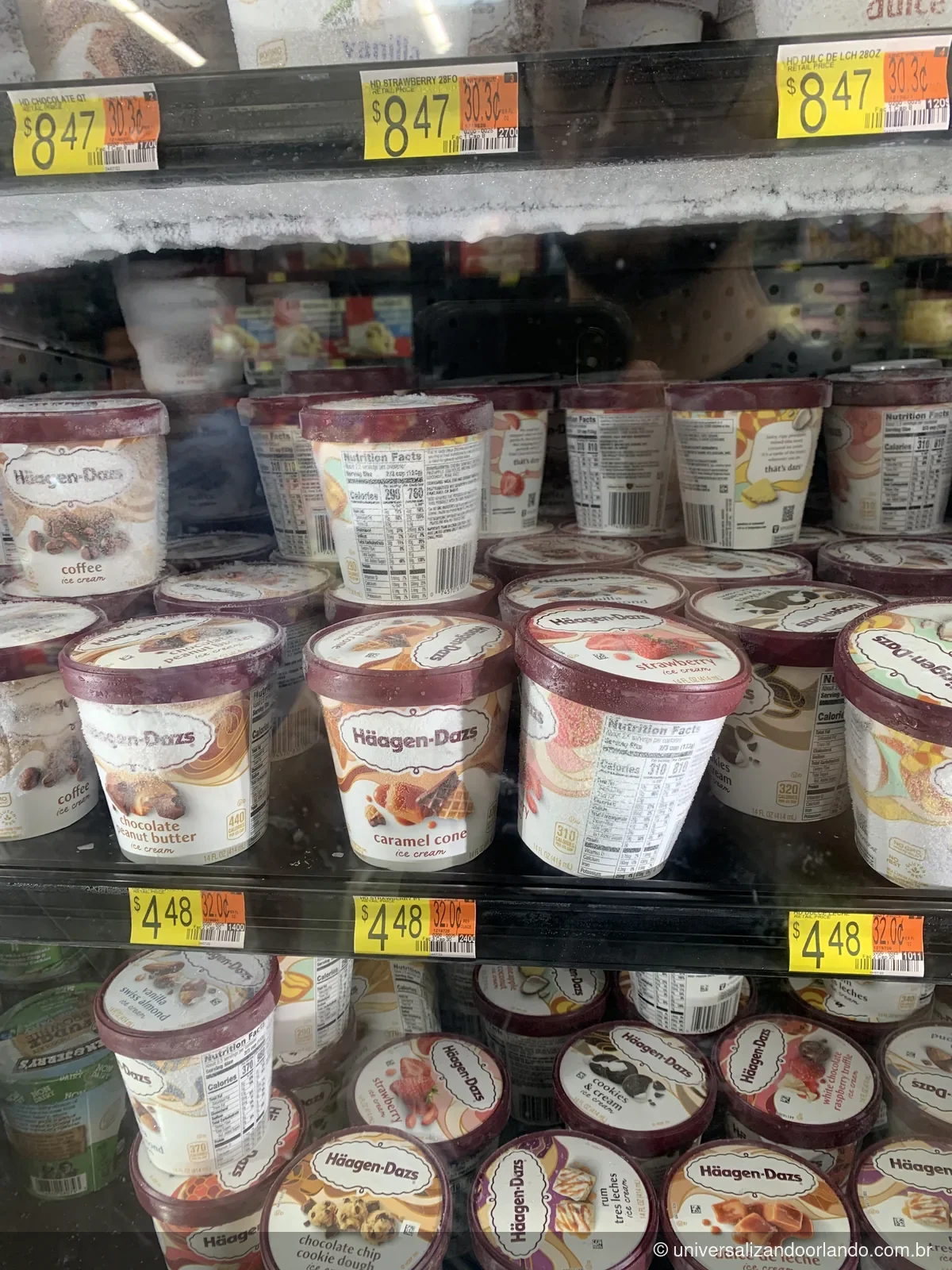 Freezer de sorvetes com as etiquetas de preço à vista, num Walmart